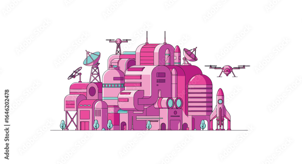Obraz premium Whimsical space exploration hub stylized vector illustration with satellites