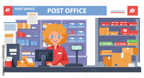 Stylized flat vector illustration showcasing a vibrant post office interior scene