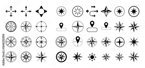 Compass rose and directional arrow icons set navigation travel