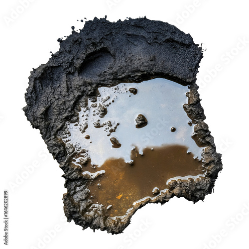 Isolated muddy puddle of water, a realistic 3D render of a wet and messy patch of dirt, and a natural element from a rainy outdoor landscape