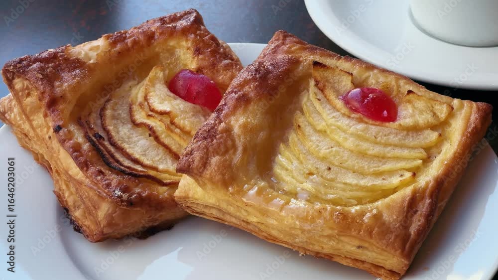 Delicious fresh sweet homemade puff pastry with pear and berry. High quality 4k footage Delicious fresh sweet homemade puff pastry with pear and berry. High quality 4k footage