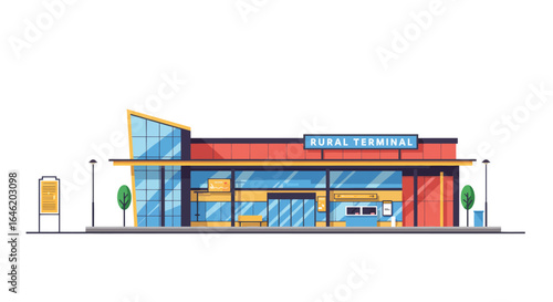 Stylized flat vector illustration of a vibrant rural bus terminal building