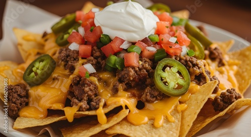 Loaded Classic Beef Nacho Platter Piled High With Crispy Tortilla Chips, Seasoned Beef, Melted Cheese, Spicy Jalapeños, And Cool Sour Cream For The Ultimate Party-Ready Mexican Appetizer
