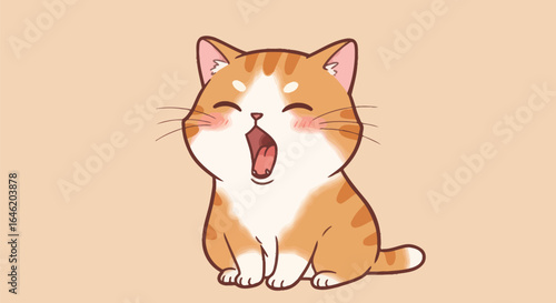 Charming ginger cat illustration with a wide yawn on a soft peach background