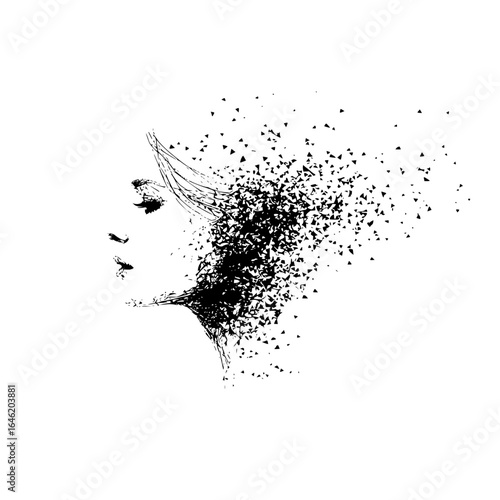 Silhouette of a woman's face with hair dissolving into small triangles on a white background image art