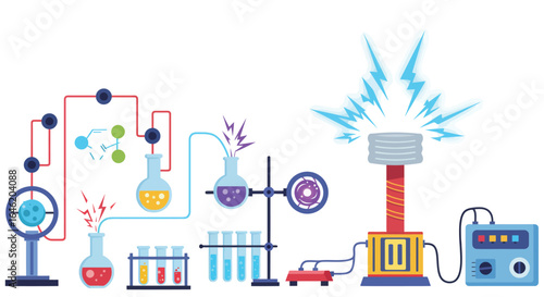 Stylized flat vector illustration of a vibrant physics lab with apparatus