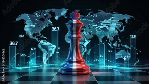 Powerful chess king painted in US flag colors symbolizes strategic global financial game and data analysis