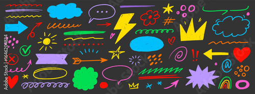 Hand drawn line chalk set. Crayon line arrow, speech bubble, pencil highlight and textured brush icon with cartoon heart, hand drawn marker element. Chalkboard frame sketch. Vector illustration