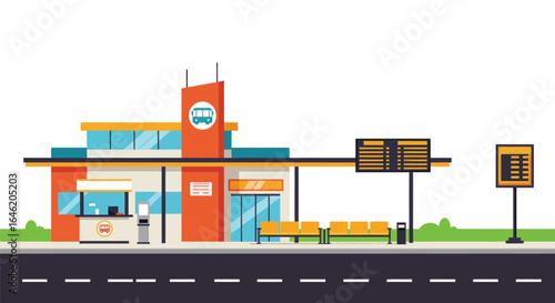 Stylized Flat Vector Illustration of a Vibrant Rural Bus Terminal Building