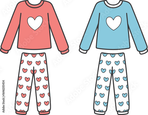 Cute matching heart print pajamas set for kids, long sleeve top and pants, colorful sleepwear design