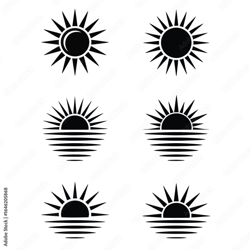 Fototapeta premium Set of minimalist black and white icons depicting the sun, sunrise over water, and sunset over horizon