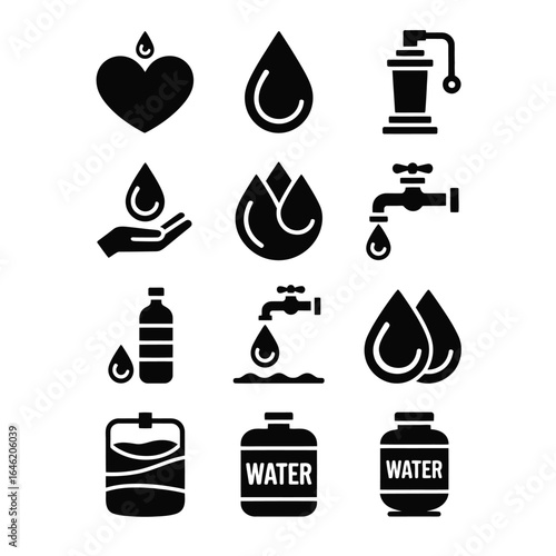 Water charity bundle with 10 black and white vector icons including droplet, pump, faucet, and donation jar