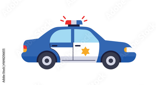 Stylized Flat Vector Illustration of Police Patrol Car with Siren on White Background