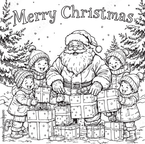 A heartwarming black and white illustration of Santa Claus with three children, sharing Christmas presents in a snowy forest setting.
