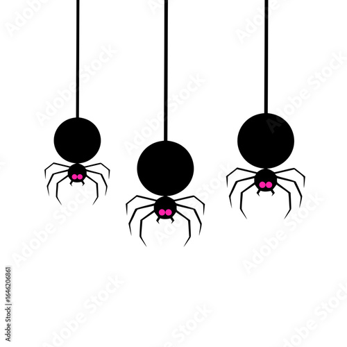 Three stylized cartoon spiders with pink eyes hang from strings, perfect for Halloween decorations, invitations, or spooky designs, original vector graphic