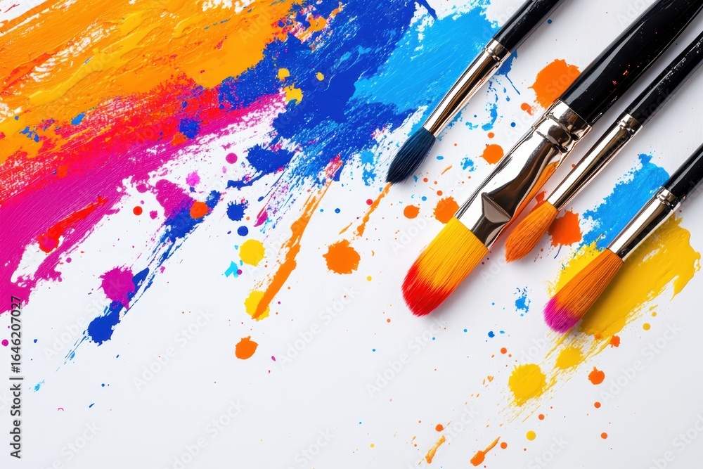 Obraz premium colorful paint splatter and brushes on white background.