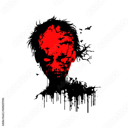 Creepy zombie head with dripping paint effect and bats in silhouette, spooky Halloween design with sinister mood and scary theme for horror fans