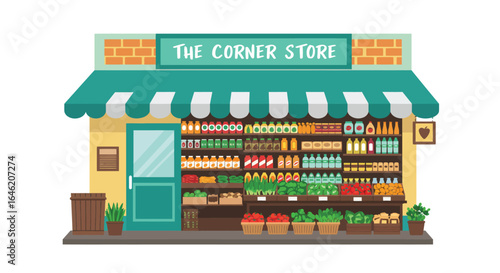 Illustration of a vibrant corner grocery store with fresh produce and goods