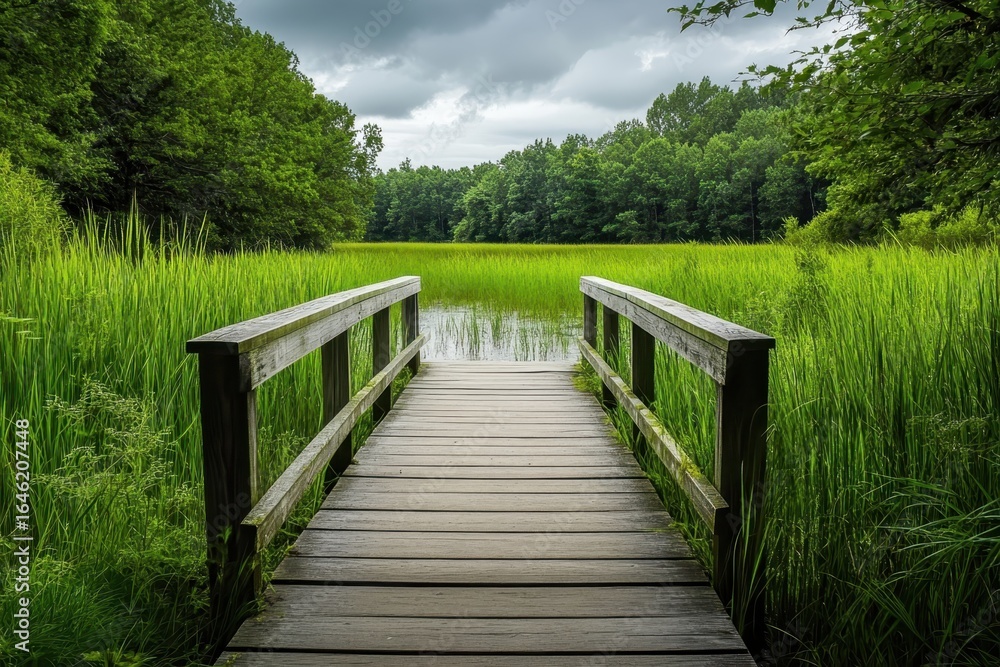 Obraz premium wooden walkway through lush green marsh.