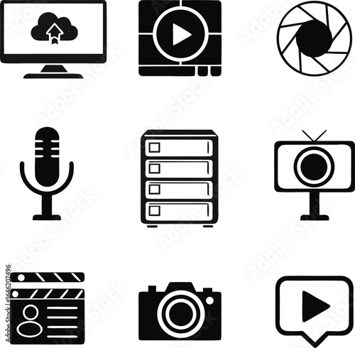 video, production, icon, set, filmmaking, media, content, creation, movie, industry, film, equipment, simple, solid, icon, set, vector