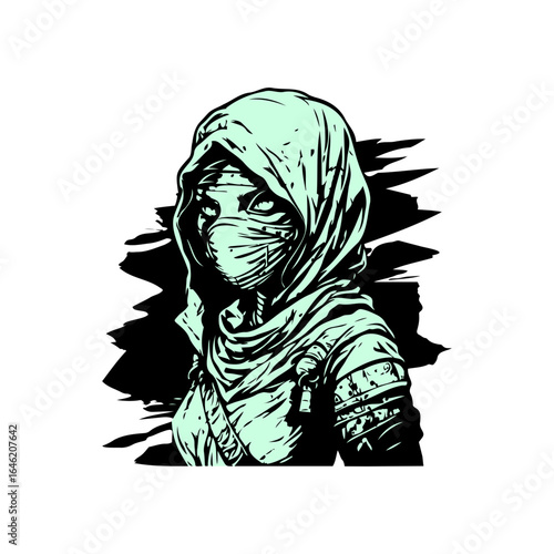 Stylized depiction of a masked figure in a hooded garment, rendered in a bold graphic style with striking black and light green tones, conveying mystery and resilience.
