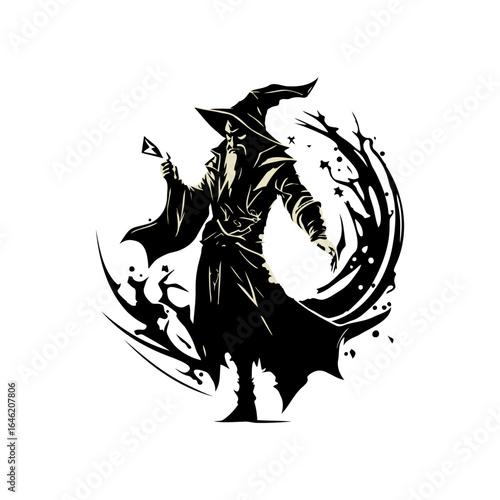 Mysterious wizard in dark robes and pointed hat conjures with a magical amulet surrounded by swirling dark energy and ethereal stars