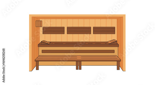 Flat vector illustration of a cozy wooden sauna interior with benches