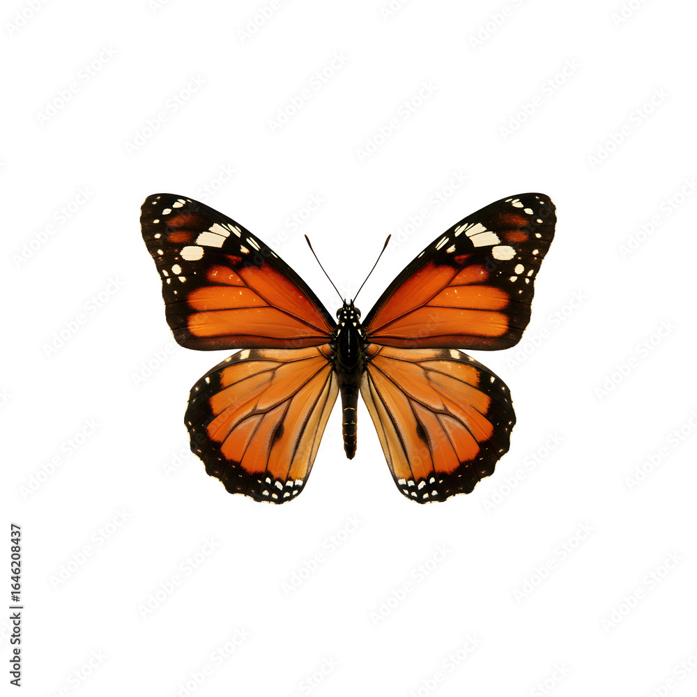 Obraz premium Beautiful monarch butterfly insect with orange wings isolated on white background, nature wildlife illustration