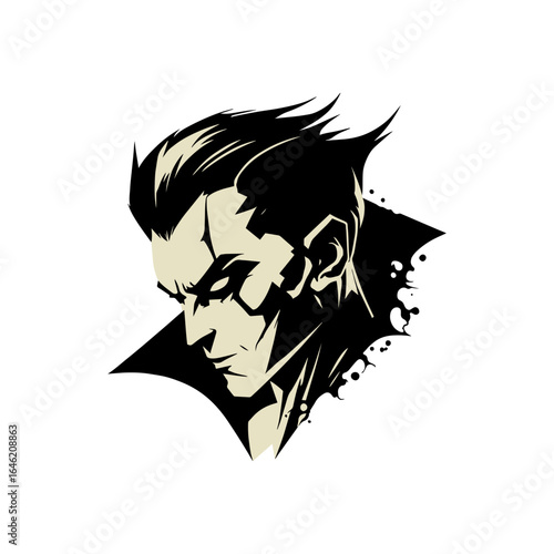 Stylized portrait of a menacing man with sharp features and dark hair, evoking a gothic or villainous aesthetic with bold linework and dramatic shading.
