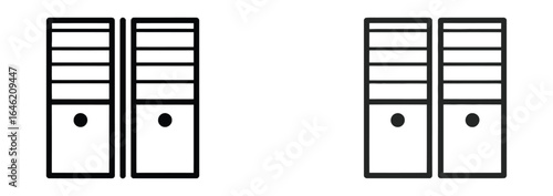 Illustration of two server racks isolated on white background, representing data storage and network infrastructure for computer systems and online services in a modern data center