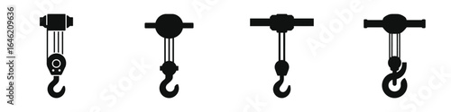 Set of Four Black Silhouette Crane Hook (Chain hoist) Icons, Industrial Lifting Equipment Vector Illustrations, Heavy Duty Hoist Hooks for Construction and Manufacturing