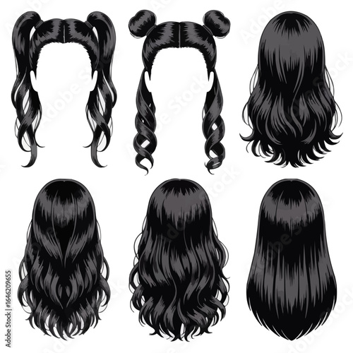 Set of vector icons silhouette of woman head with Featuring Various long hair hairstyle beauty salon