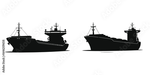 Silhouette of Two Cargo Ships Side View, Black Vector Illustration of Freight Vessels, Commercial Shipping and Maritime Transport Icons on White Background