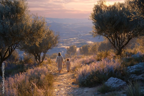 Jesus Christ with a small child walking along a path among flowering bushes and olive trees against a backdrop of a mountain landscape at sunset