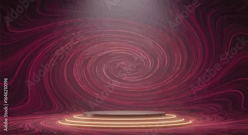 Whimsical display podium bathed in ethereal crimson vortex and soft luminance