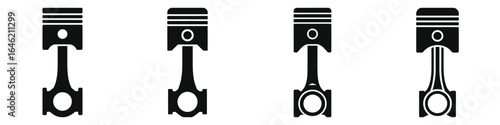 Set of black and white piston and connecting rod icons, mechanical engine parts illustration, automotive and machinery components isolated vector symbols for industrial and engineering use