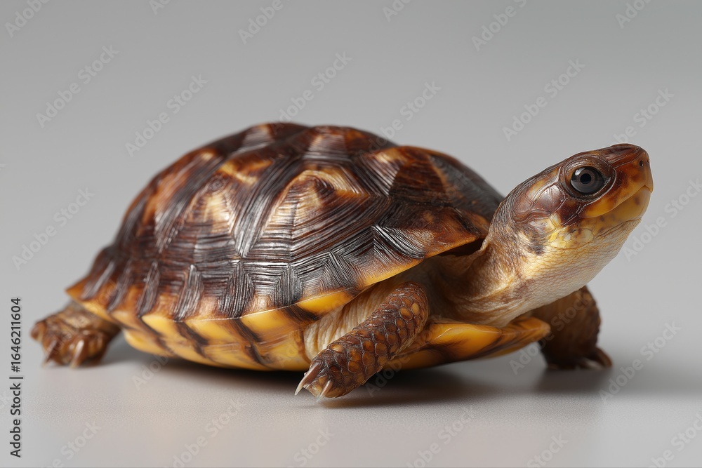 Fototapeta premium Close-up of a tortoise with detailed shell patterns on a neutral background