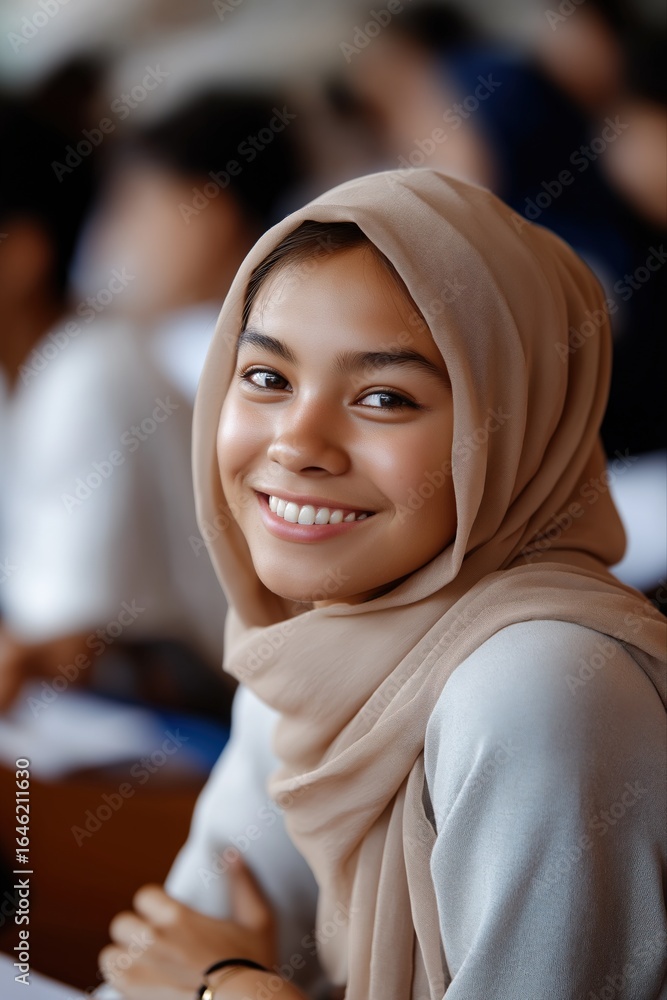 Smiling asian female teen in hijab at school Smiling asian female teen in hijab at school