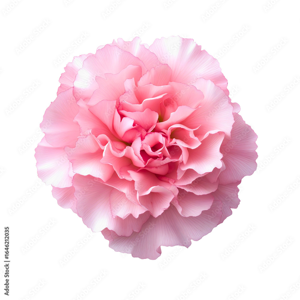 Naklejka premium A beautiful single pink carnation flower in bloom, a delicate and romantic blossom with soft petals, an elegant floral object for a Mother's Day or wedding gift
