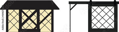 Decorative architectural elements featuring latticework and sliding door style