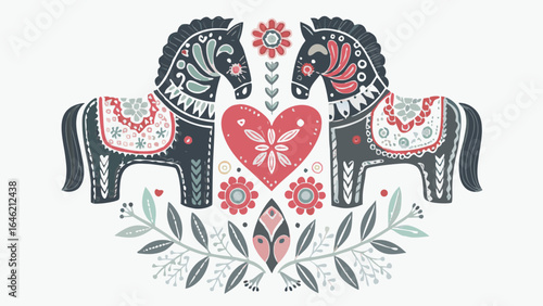 Folk art Scandinavian horse design with heart and floral motifs, traditional decorative illustration for home decor, print, and craft projects