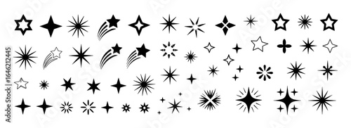 Various star shapes and sparkles in black and white shine twinkle