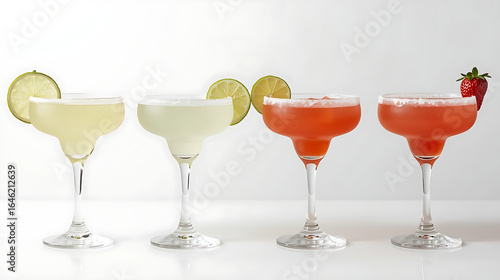 Four cocktails, arranged in a row on a white background, include a pale yellow margarita with lime wheel garnish, a creamier pale margarita with lime wheel, a bright red strawberry margarita with lime