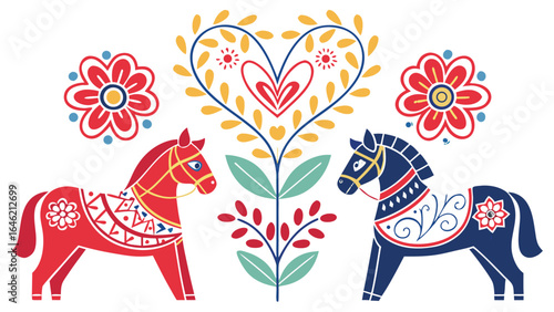 Colorful Scandinavian Folk Art Horses with Floral and Heart Motifs – Traditional Nordic Decorative Illustration for Craft and Design