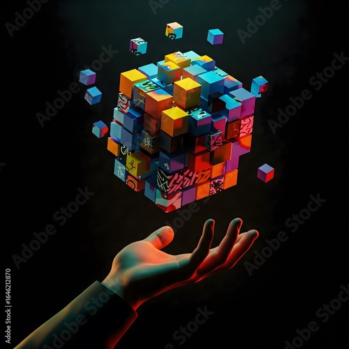 A hand gently cradles a vibrant cube of colorful blocks symbolizing data innovation and technology solutions.