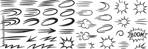 Dynamic Hand Drawn Motion and Impact Elements Collection of Expressive Speed Lines Arrows and Comic Style Explosion Bubbles