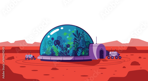 Martian Biodome Habitat: A Stylized Illustration of Life on Mars Settlement