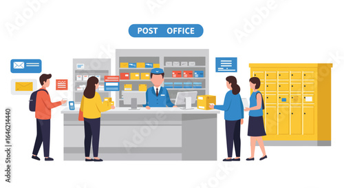 Stylized post office scene showcasing customers interacting with service counter