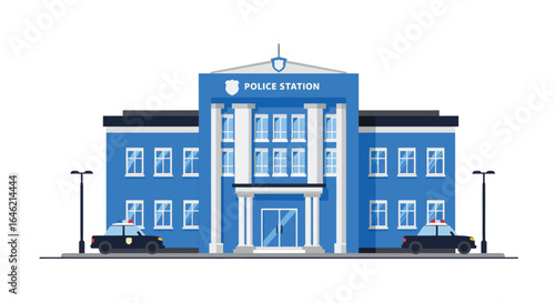 Stylized vector illustration of a vibrant police station exterior with vehicles
