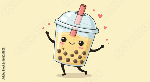 Cheerful boba tea character illustration brimming with love and happiness
